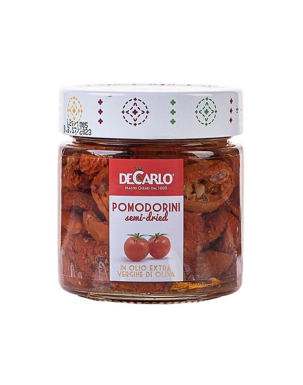 FRANTOIO DECARLO SRL Saulėje pusiau džiovinti mini pomidoriukai ypač tyrame alyvuogių aliejuje. 190 g 